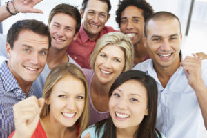 Elevated View Of Happy And Positive Business People In Casual Dress